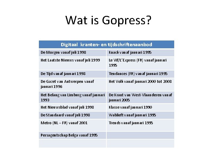 Wat is Gopress? Digitaal kranten- en tijdschriftenaanbod De Morgen vanaf juli 1998 Knack vanaf