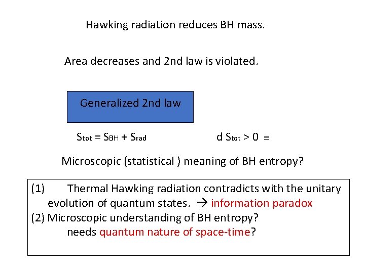Hawking radiation reduces BH mass. Area decreases and 2 nd law is violated. Generalized