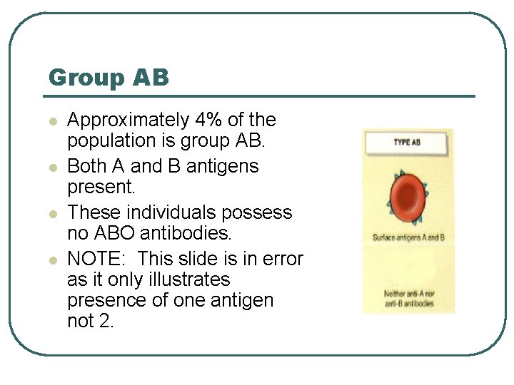 Group AB l l Approximately 4% of the population is group AB. Both A