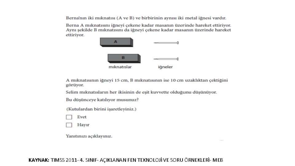 KAYNAK: TIMSS 2011 - 4. SINIF- AÇIKLANAN FEN TEKNOLOJİ VE SORU ÖRNEKLERİ- MEB 