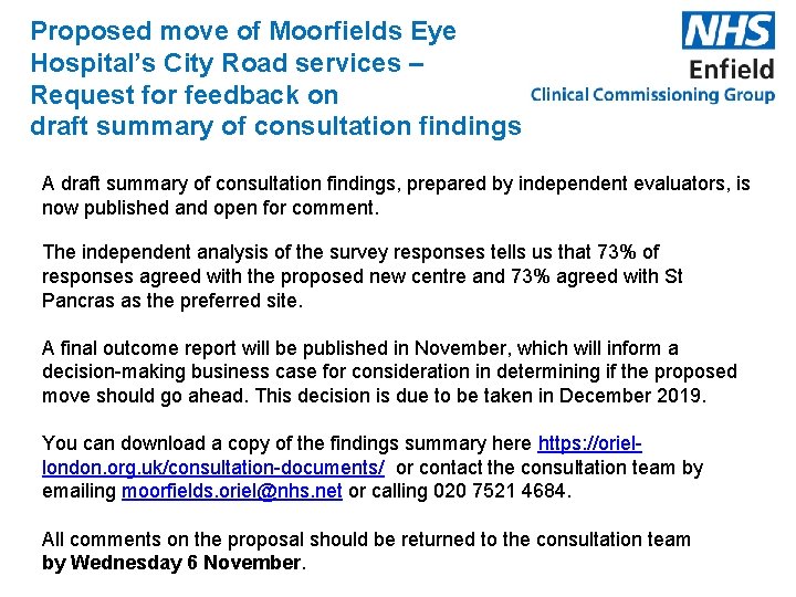 Proposed move of Moorfields Eye Hospital’s City Road services – Request for feedback on