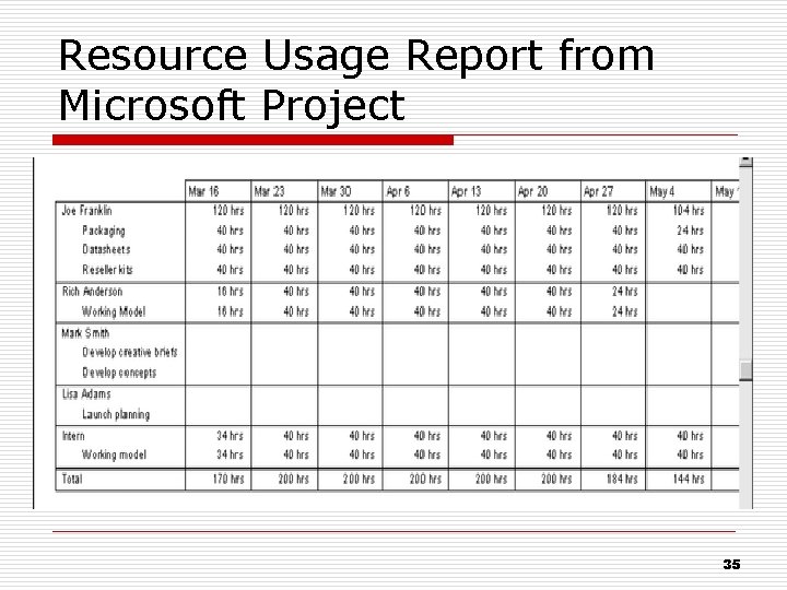 Resource Usage Report from Microsoft Project 35 