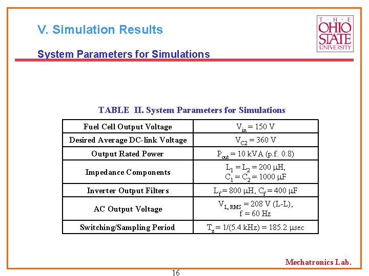 V. Simulation Results System Parameters for Simulations TABLE II. System Parameters for Simulations Fuel