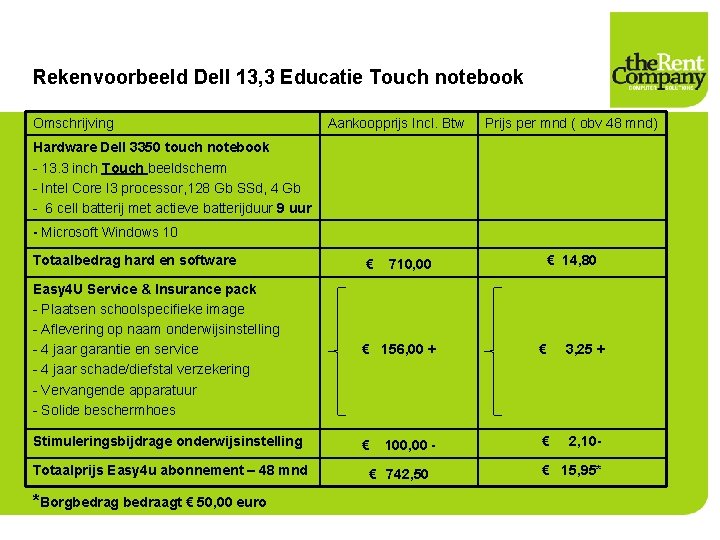 Rekenvoorbeeld Dell 13, 3 Educatie Touch notebook Omschrijving Aankoopprijs Incl. Btw Prijs per mnd