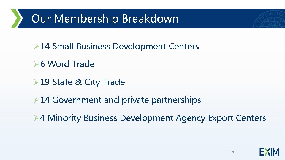 Our Membership Breakdown Ø 14 Small Business Development Centers Ø 6 Word Trade Ø