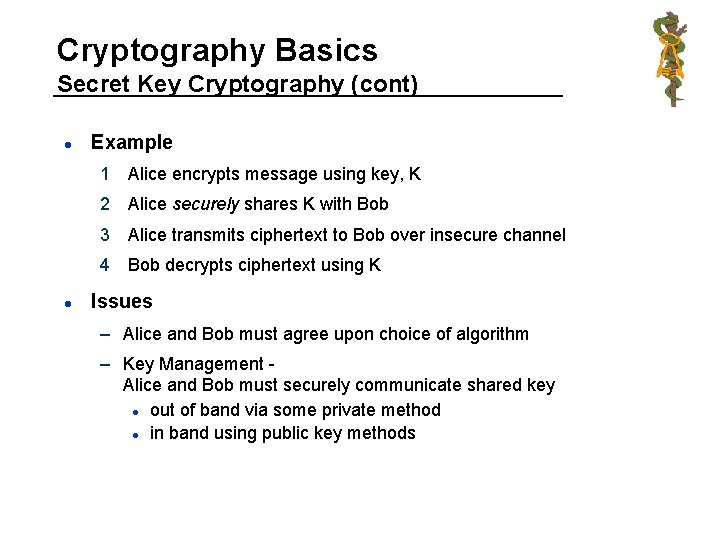 Cryptography Basics Secret Key Cryptography (cont) l Example 1 Alice encrypts message using key,