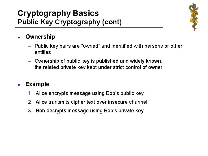 Cryptography Basics Public Key Cryptography (cont) l Ownership – Public key pairs are “owned”