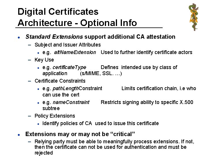 Digital Certificates Architecture - Optional Info l Standard Extensions support additional CA attestation –