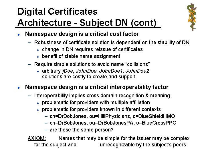 Digital Certificates Architecture - Subject DN (cont) l Namespace design is a critical cost