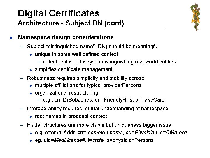 Digital Certificates Architecture - Subject DN (cont) l Namespace design considerations – Subject “distinguished