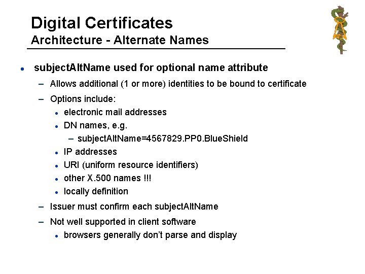 Digital Certificates Architecture - Alternate Names l subject. Alt. Name used for optional name