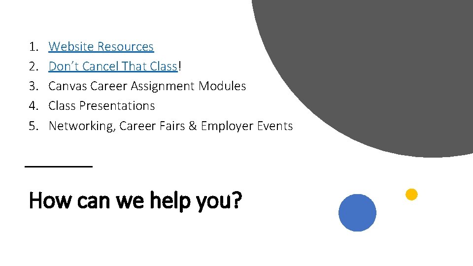 1. 2. 3. 4. 5. Website Resources Don’t Cancel That Class! Canvas Career Assignment