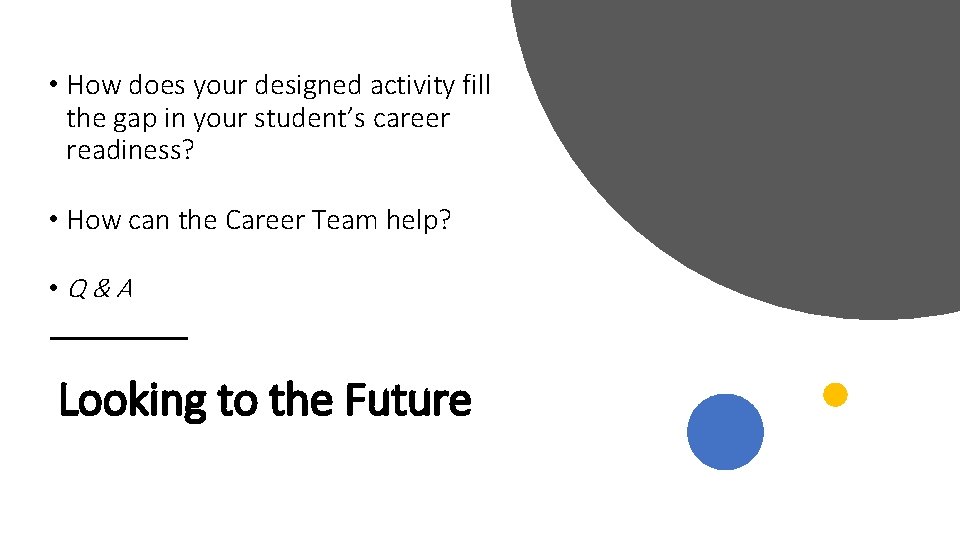  • How does your designed activity fill the gap in your student’s career