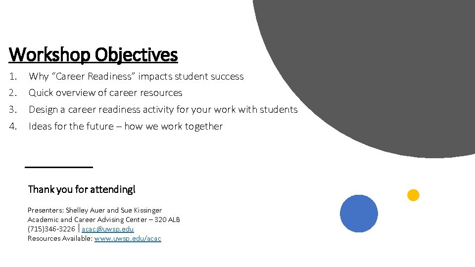 Workshop Objectives 1. Why “Career Readiness” impacts student success 2. Quick overview of career