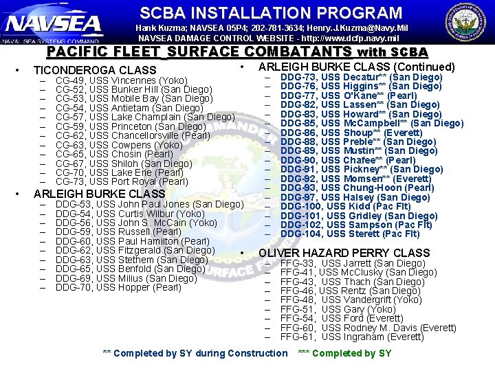 SCBA INSTALLATION PROGRAM Hank Kuzma; NAVSEA 05 P 4; 202 -781 -3634; Henry. J.