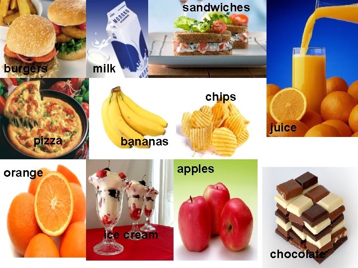 sandwiches burgers milk chips pizza juice bananas apples orange ice cream chocolate 
