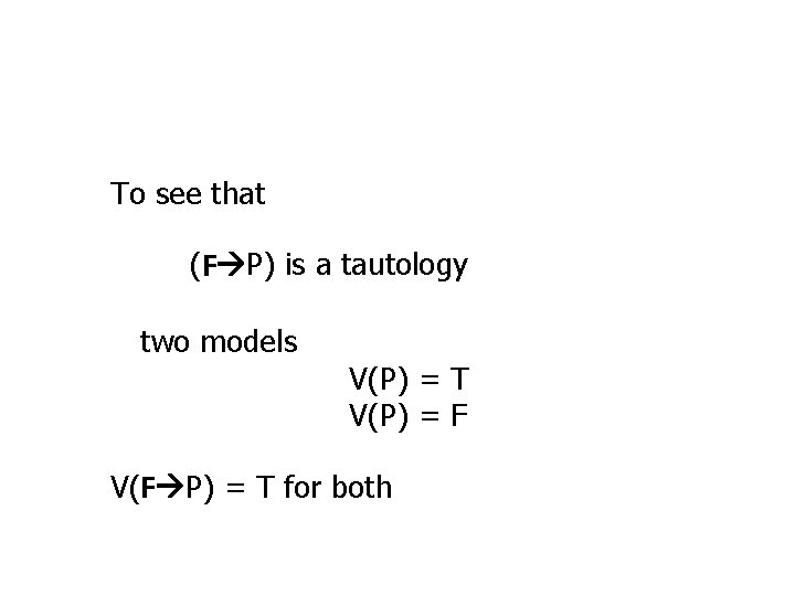 To see that (F P) is a tautology two models V(P) = T V(P)