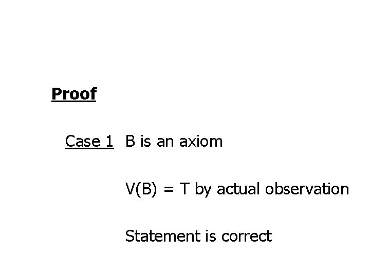 Proof Case 1 B is an axiom V(B) = T by actual observation Statement