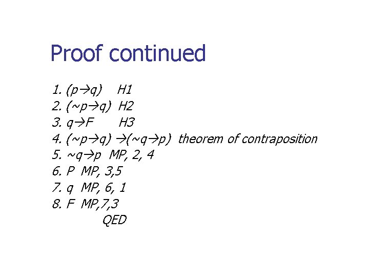 Proof continued 1. (p q) H 1 2. (~p q) H 2 3. q