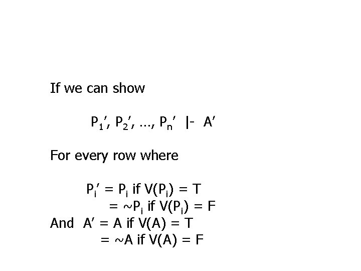 If we can show P 1’, P 2’, …, Pn’ |- A’ For every