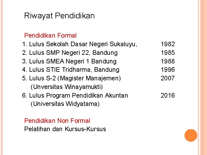 Riwayat Pendidikan Formal 1. Lulus Sekolah Dasar Negeri Sukaluyu, 2. Lulus SMP Negeri 22,