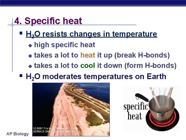 4. Specific heat § H 2 O resists changes in temperature high specific heat