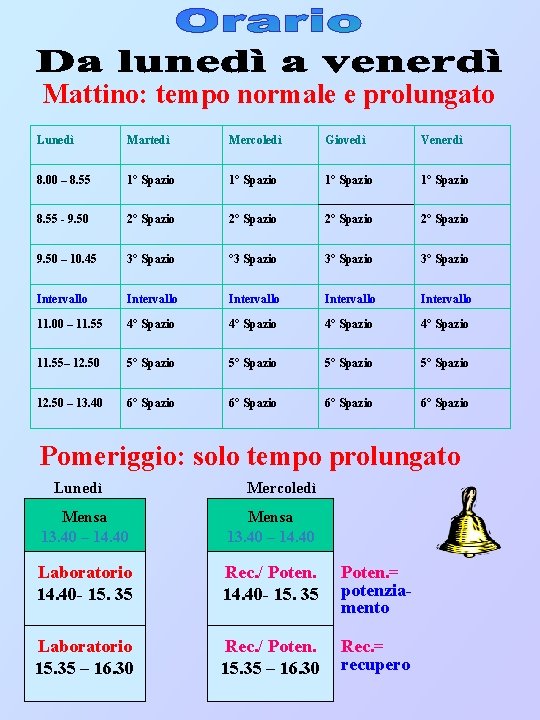 Mattino: tempo normale e prolungato Lunedì Martedì Mercoledì Giovedì Venerdì 8. 00 – 8.