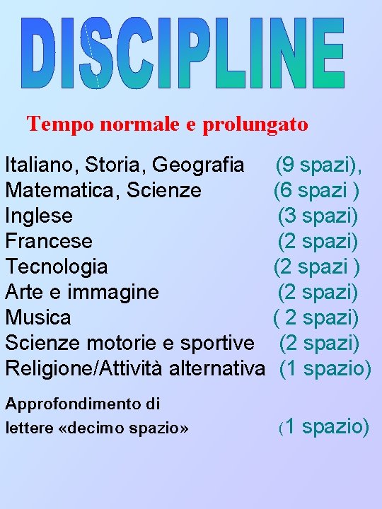 Tempo normale e prolungato Italiano, Storia, Geografia (9 spazi), Matematica, Scienze (6 spazi )