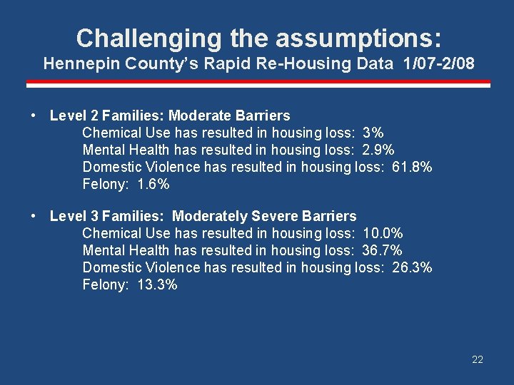 Challenging the assumptions: Hennepin County’s Rapid Re-Housing Data 1/07 -2/08 • Level 2 Families: