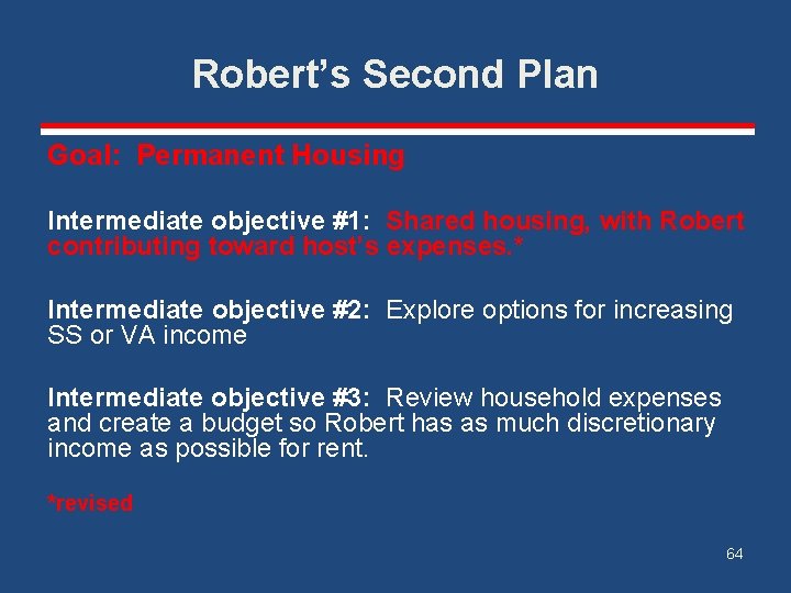 Robert’s Second Plan Goal: Permanent Housing Intermediate objective #1: Shared housing, with Robert contributing