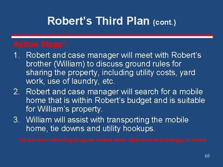 Robert’s Third Plan (cont. ) Action Steps*: 1. Robert and case manager will meet