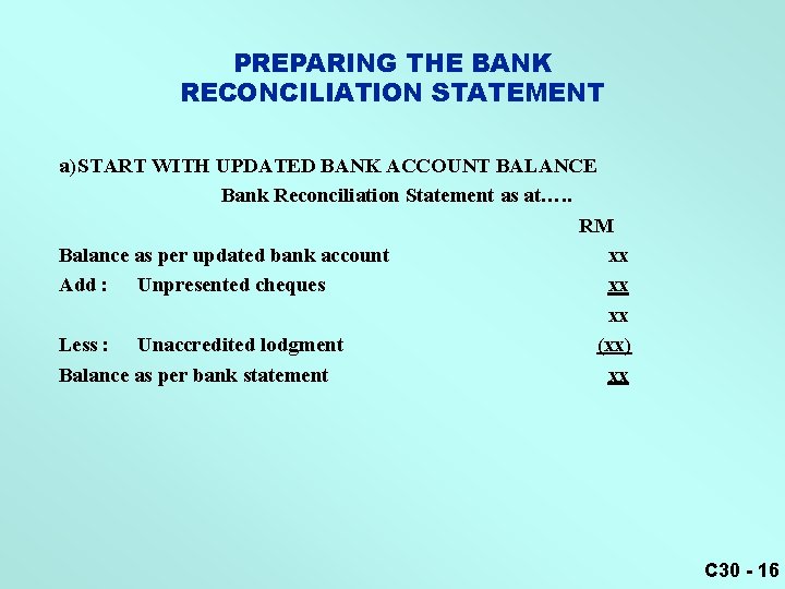 PREPARING THE BANK RECONCILIATION STATEMENT a) START WITH UPDATED BANK ACCOUNT BALANCE Bank Reconciliation
