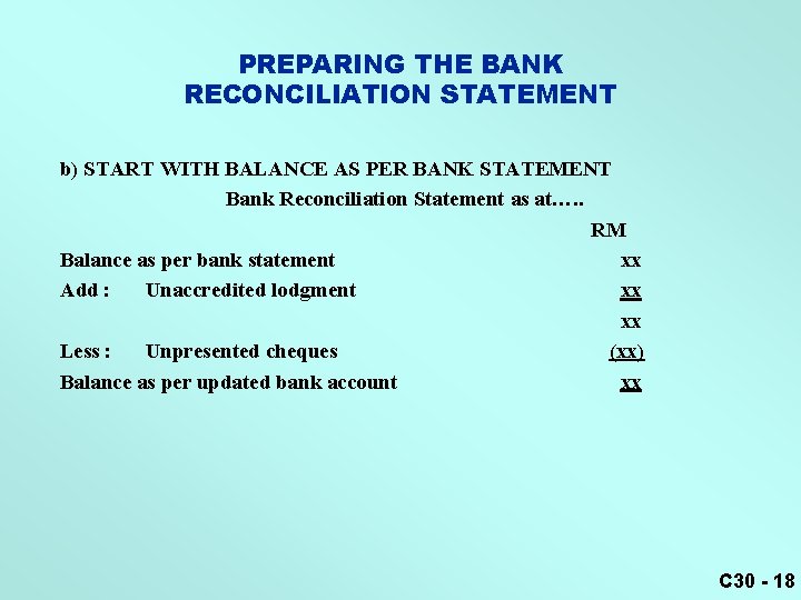 PREPARING THE BANK RECONCILIATION STATEMENT b) START WITH BALANCE AS PER BANK STATEMENT Bank