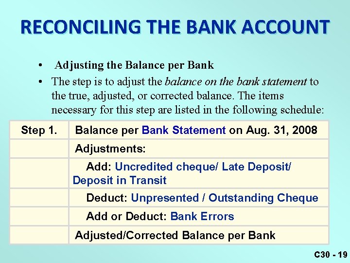 RECONCILING THE BANK ACCOUNT • Adjusting the Balance per Bank • The step is