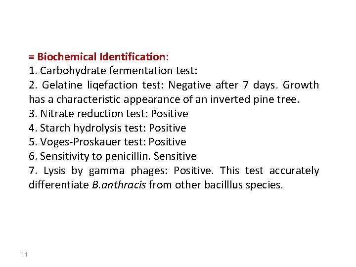 = Biochemical Identification: 1. Carbohydrate fermentation test: 2. Gelatine liqefaction test: Negative after 7