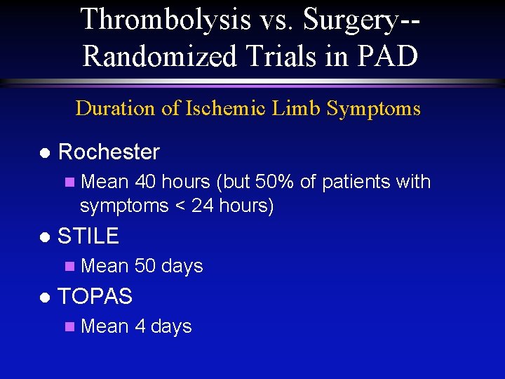 Thrombolysis vs. Surgery-Randomized Trials in PAD Duration of Ischemic Limb Symptoms l Rochester n