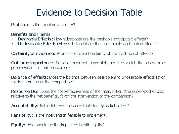 Evidence to Decision Table Problem: Is the problem a priority? Benefits and Harms •