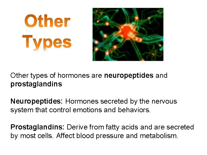 Other types of hormones are neuropeptides and prostaglandins Neuropeptides: Hormones secreted by the nervous