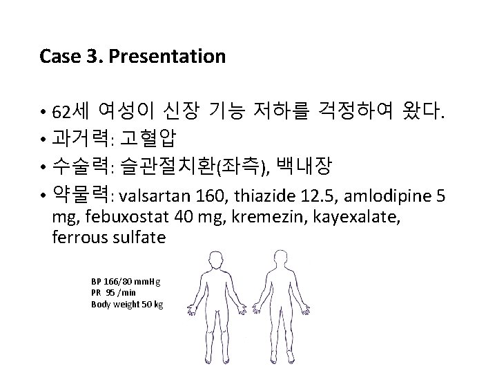 Case 3. Presentation • 62세 여성이 신장 기능 저하를 걱정하여 왔다. • 과거력: 고혈압