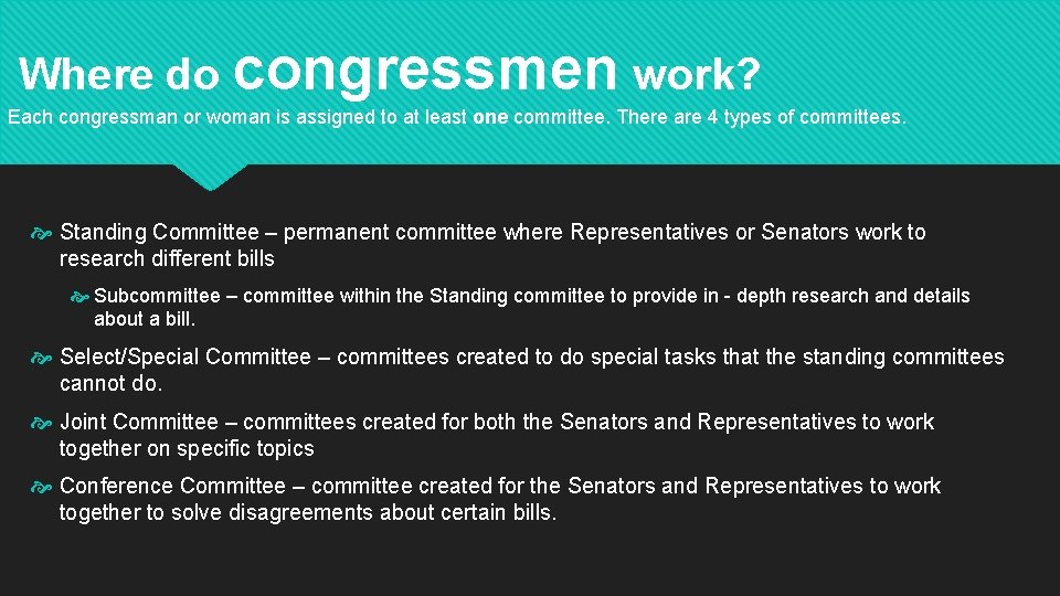 Where do congressmen work? Each congressman or woman is assigned to at least one