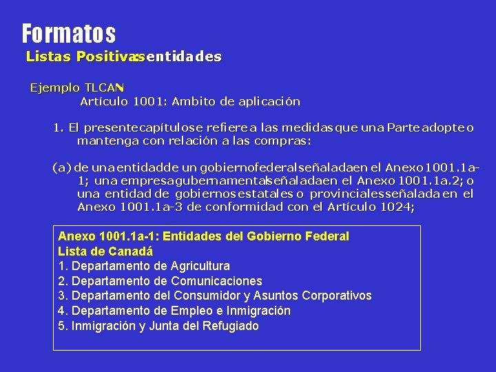 Formatos Listas Positivas : entidades Ejemplo TLCAN Artículo 1001: Ambito de aplicación 1. El