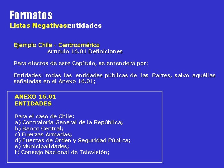 Formatos Listas Negativas: entidades Ejemplo Chile - Centroamérica Artículo 16. 01 Definiciones Para efectos