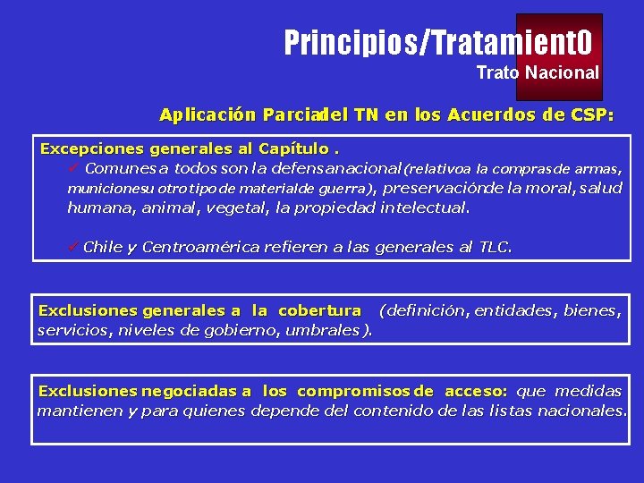 Principios/Tratamient 0 Trato Nacional Aplicación Parcial del TN en los Acuerdos de CSP: Excepciones