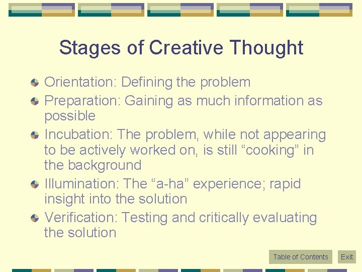 Stages of Creative Thought Orientation: Defining the problem Preparation: Gaining as much information as