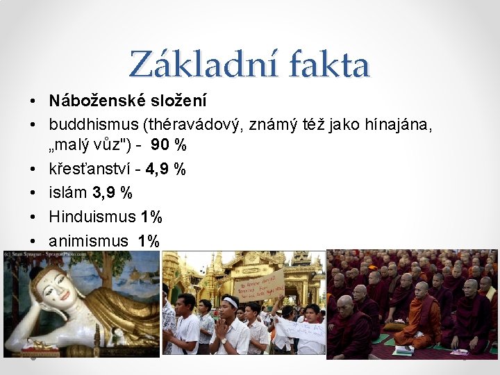 Základní fakta • Náboženské složení • buddhismus (théravádový, známý též jako hínajána, „malý vůz")