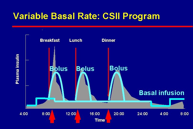 Variable Basal Rate: CSII Program Plasma insulin Breakfast Lunch Bolus Dinner Bolus Basal infusion