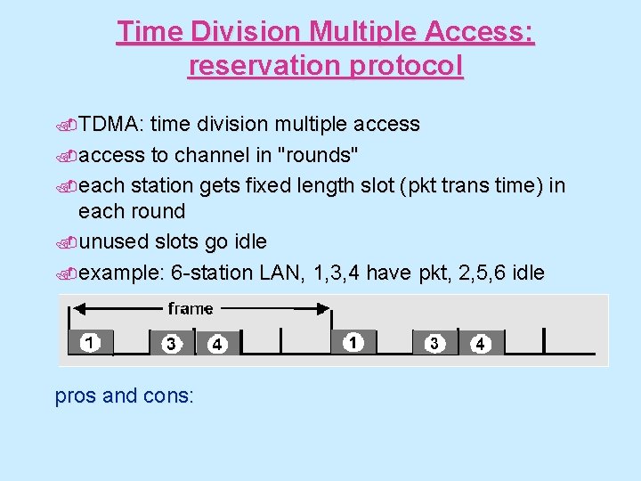 Time Division Multiple Access: reservation protocol. TDMA: time division multiple access to channel in