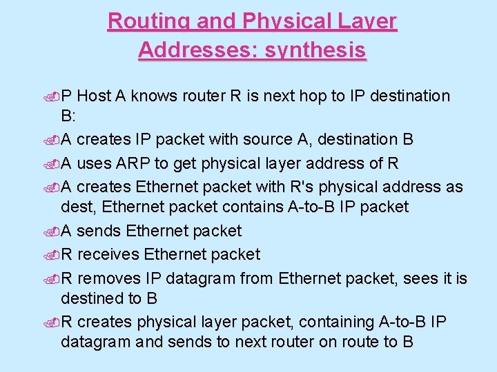 Routing and Physical Layer Addresses: synthesis. P Host A knows router R is next