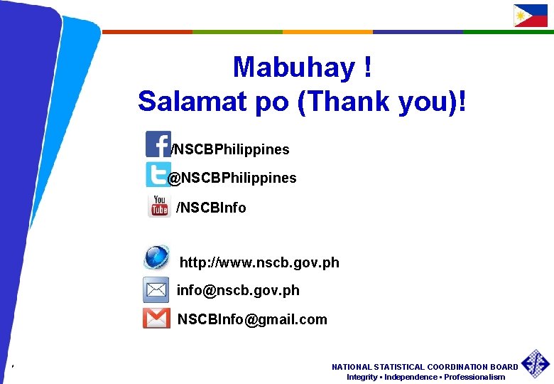 Mabuhay ! Salamat po (Thank you)! /NSCBPhilippines @NSCBPhilippines /NSCBInfo http: //www. nscb. gov. ph