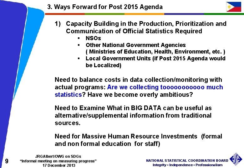 3. Ways Forward for Post 2015 Agenda 1) Capacity Building in the Production, Prioritization